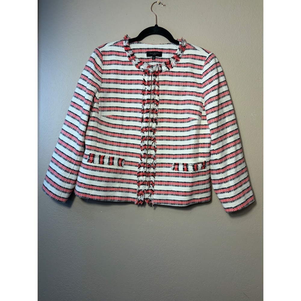 Talbots Petites Tweed Jacket Red White Blue Striped Fringe Zip Front Size 14P